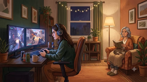 Мультиязычная иллюстрация / Багатомовна ілюстрація / Multilingual illustration: a young woman plays video games intensely at two monitors in a cozy room while an older woman with a book and a sleeping cat looks on with concern, suggesting gaming overuse and family worry.